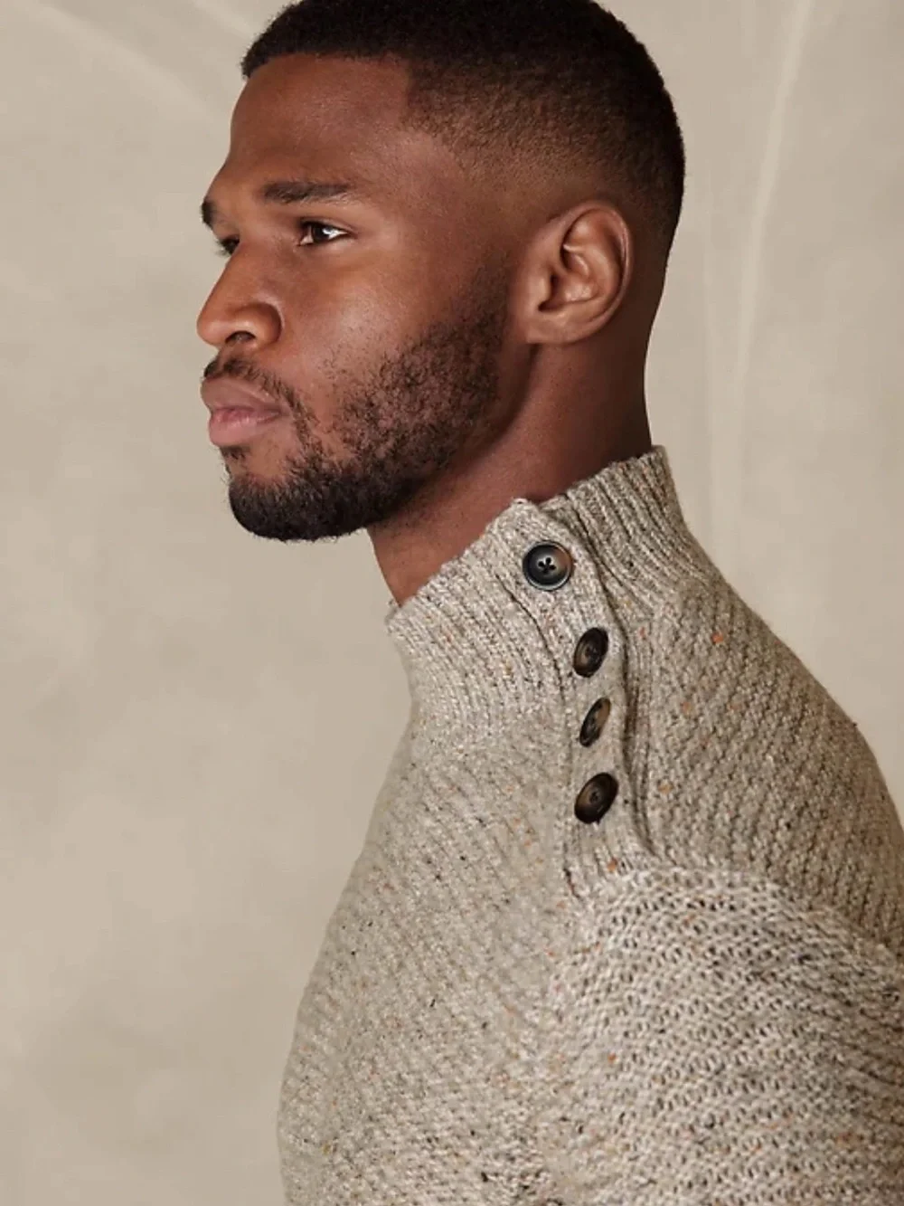 NWT Banana Republic Tweed Mock Neck Shoulder Button Sweater Large Beige Fleck
